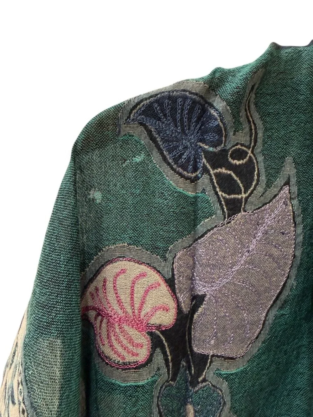 Teal Botanical Woven Scarf Fringe Tapestry Wrap Cozy